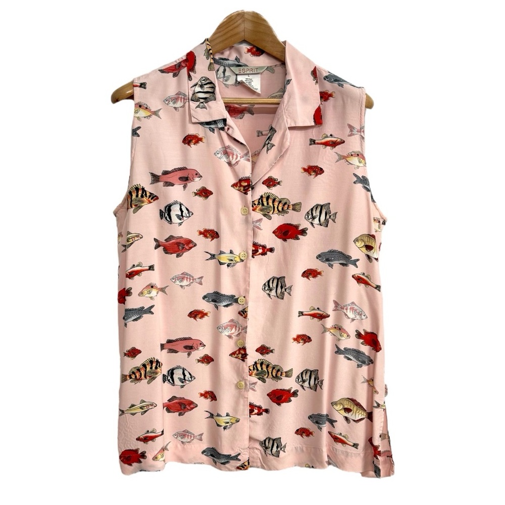Esprit Pink Sleeveless Button-Up Blouse with Multicolor Fish Print